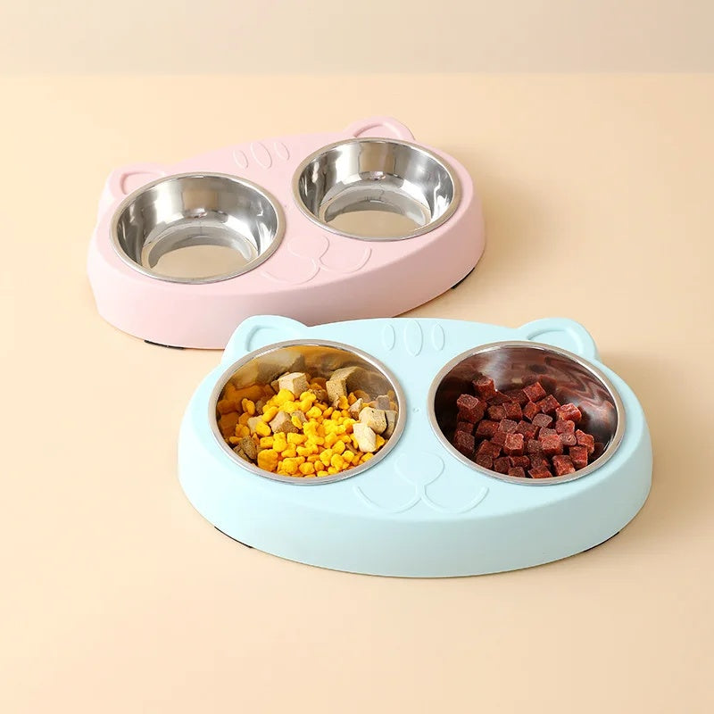 Pet Double Bowl Plastic Feeding Tray Food And Water Set