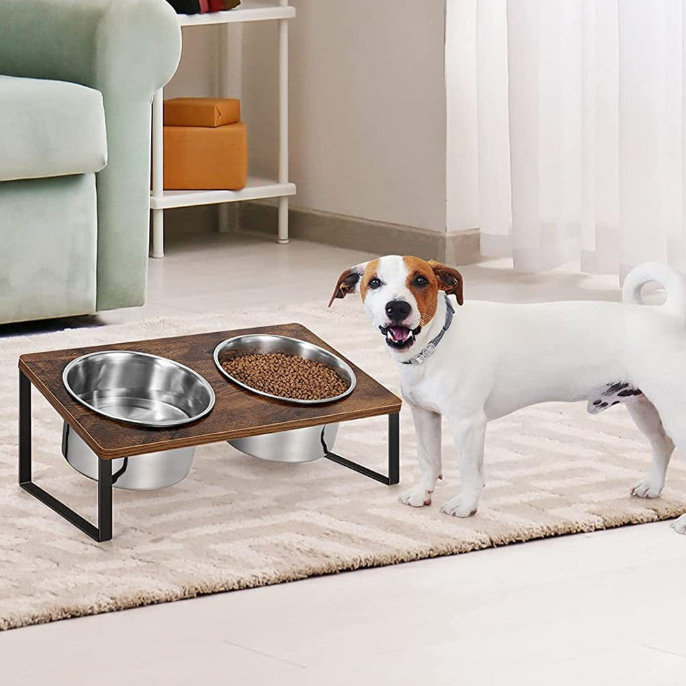Pet Feeding Rack Iron Wood Bowl Stand Set