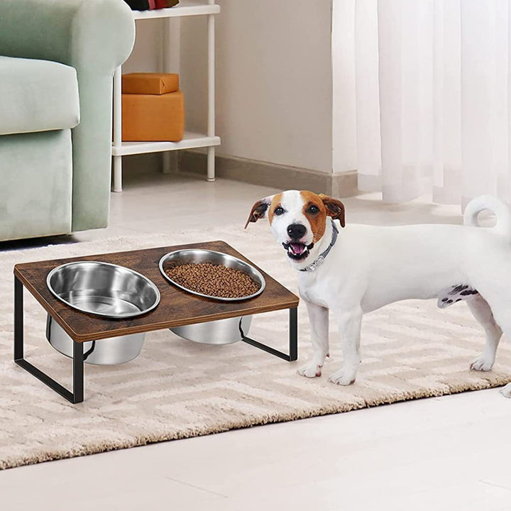 Pet Feeding Rack Iron Wood Bowl Stand Set