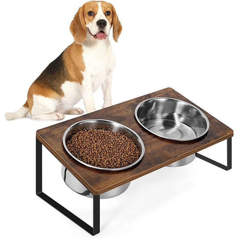 Pet Feeding Rack Iron Wood Bowl Stand Set