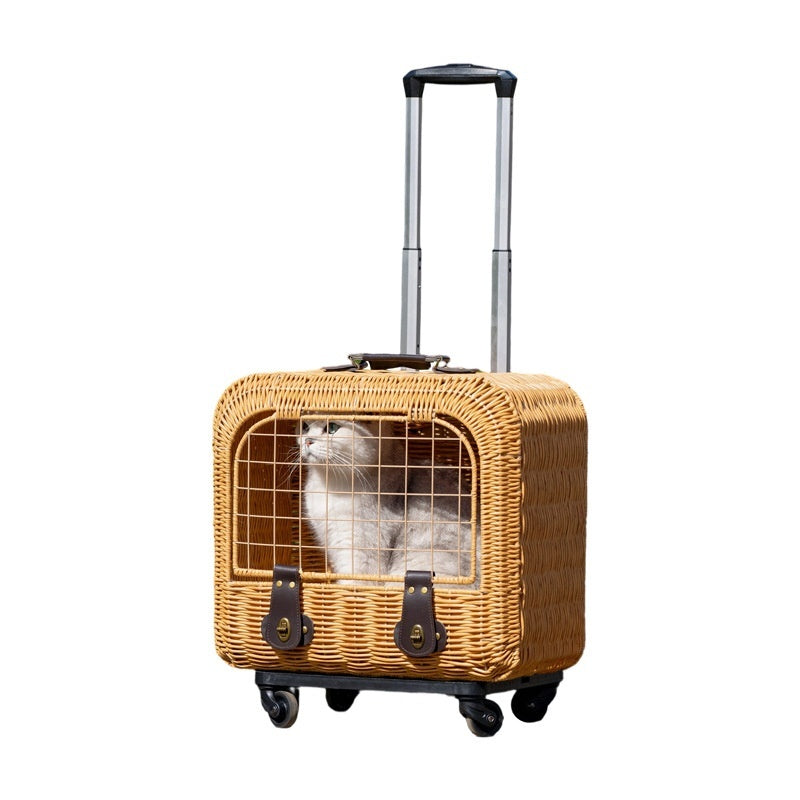 Pet Portable Woven Rattan Carrier With Ventilated Pull Handle