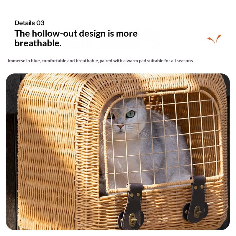 Pet Portable Woven Rattan Carrier With Ventilated Pull Handle