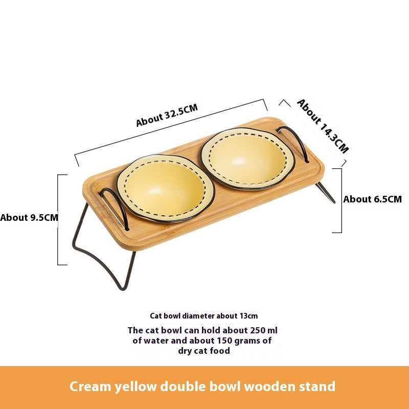 Wooden Stand Ceramic Pet Feeding Bowl Anti-Tumble Dish