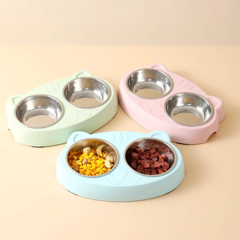 Pet Double Bowl Plastic Feeding Tray Food And Water Set