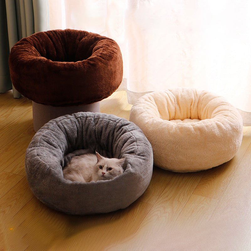 Pet Donut Plush Round Bed Comfortable Fluffy Warm Cushion