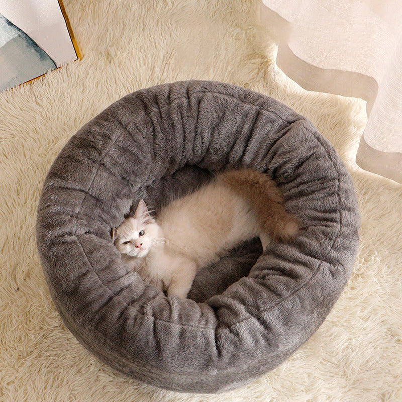 Pet Donut Plush Round Bed Comfortable Fluffy Warm Cushion