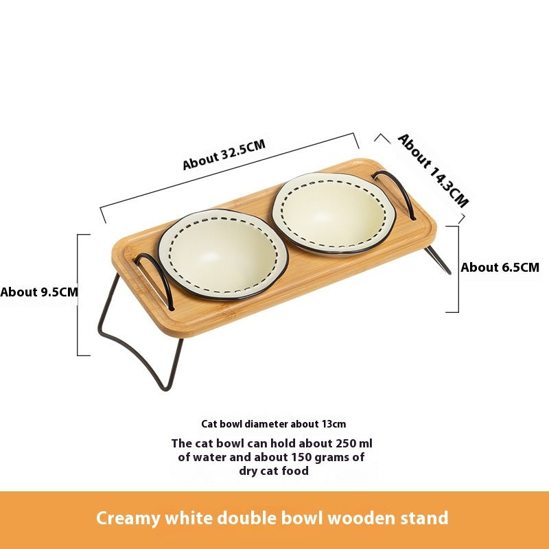 Wooden Stand Ceramic Pet Feeding Bowl Anti-Tumble Dish