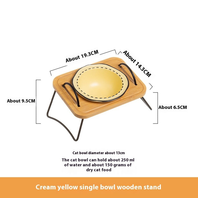 Wooden Stand Ceramic Pet Feeding Bowl Anti-Tumble Dish