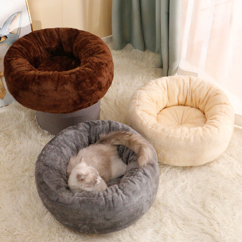 Pet Donut Plush Round Bed Comfortable Fluffy Warm Cushion
