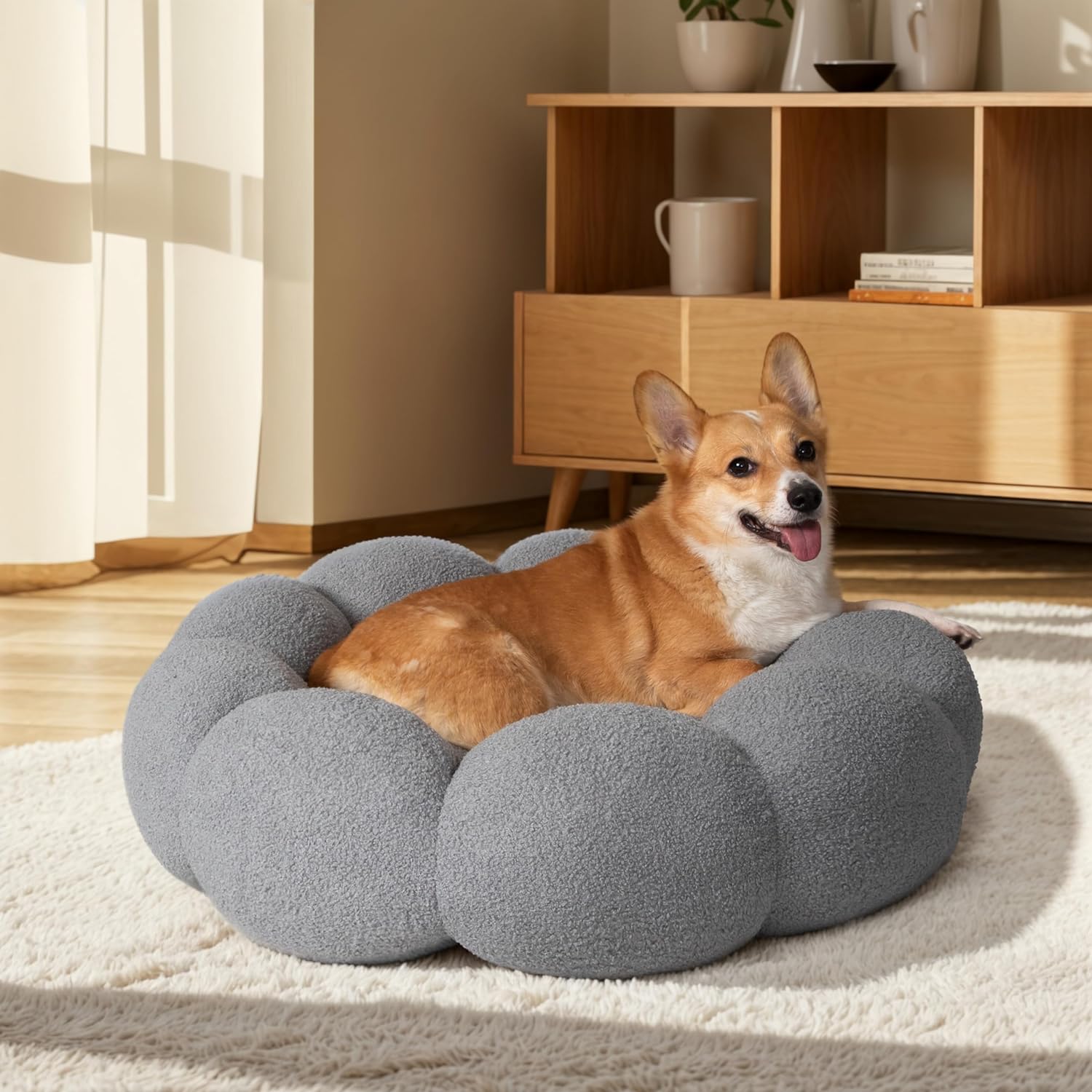 Pet Fluffy Flower Round Calming Plush Donut Bed