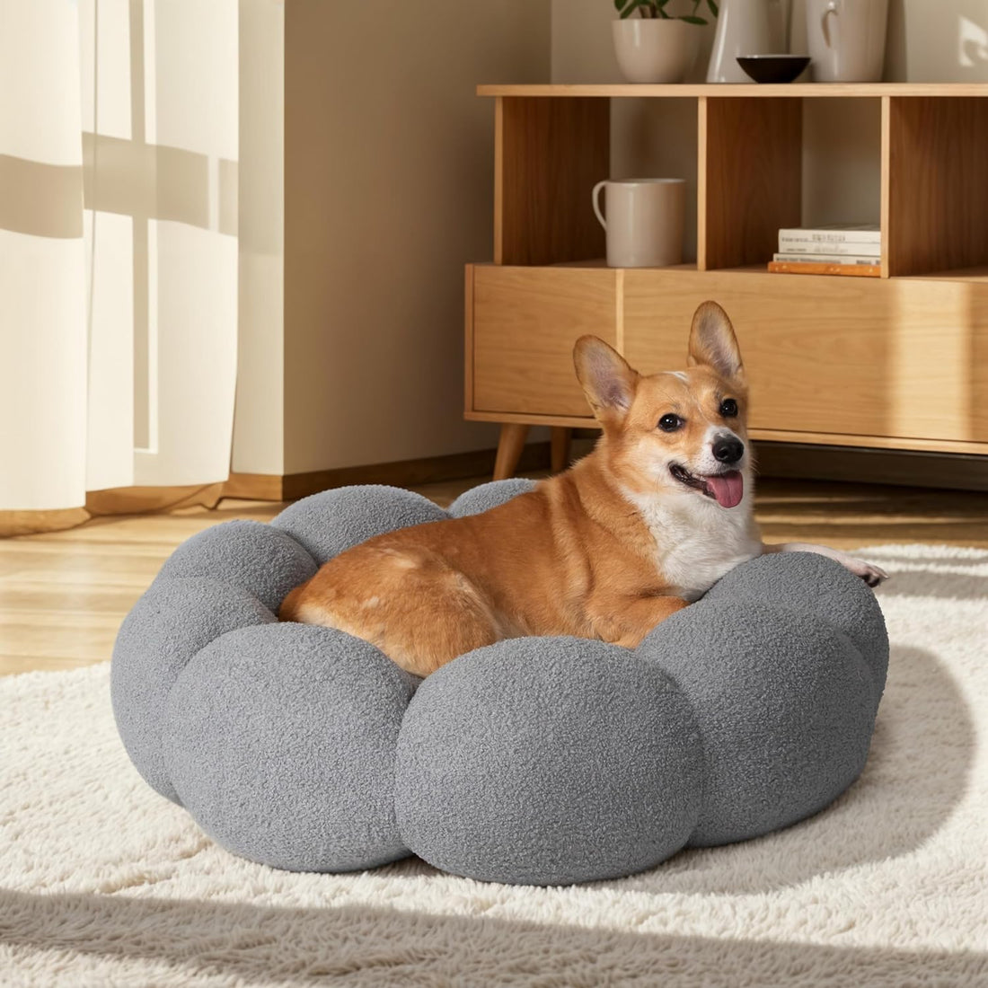 Pet Fluffy Flower Round Calming Plush Donut Bed
