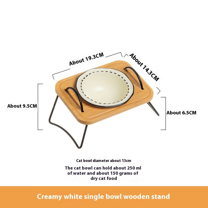 Wooden Stand Ceramic Pet Feeding Bowl Anti-Tumble Dish