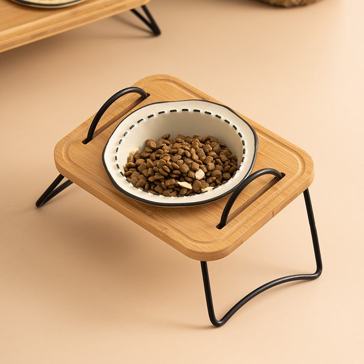 Wooden Stand Ceramic Pet Feeding Bowl Anti-Tumble Dish