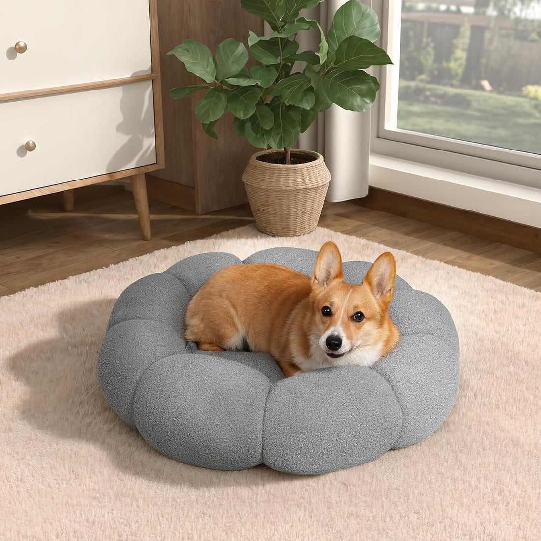 Pet Fluffy Flower Round Calming Plush Donut Bed