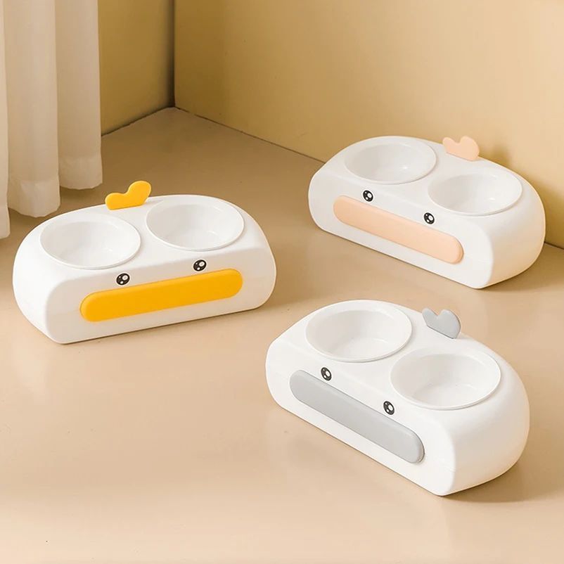 Duck Design Double Bowl Pet Feeding Tray Food Water Dish