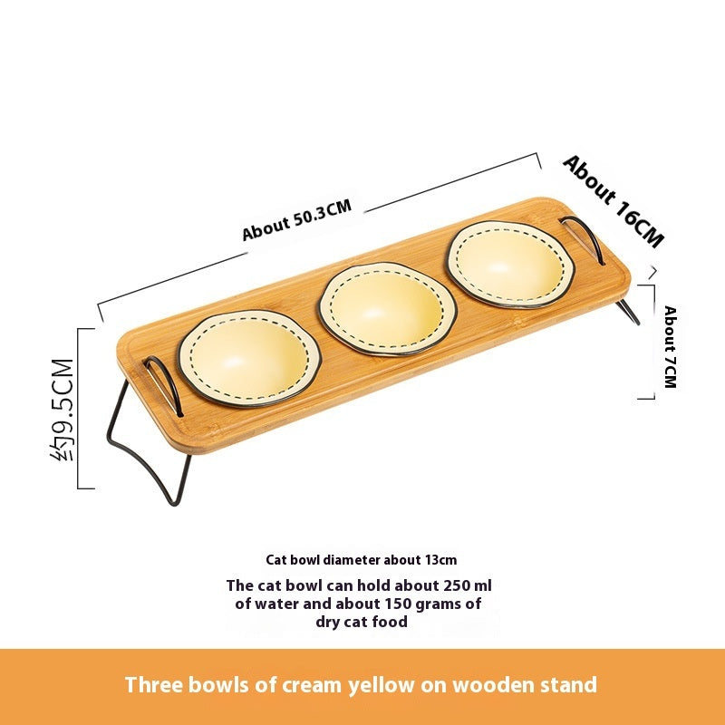 Wooden Stand Ceramic Pet Feeding Bowl Anti-Tumble Dish