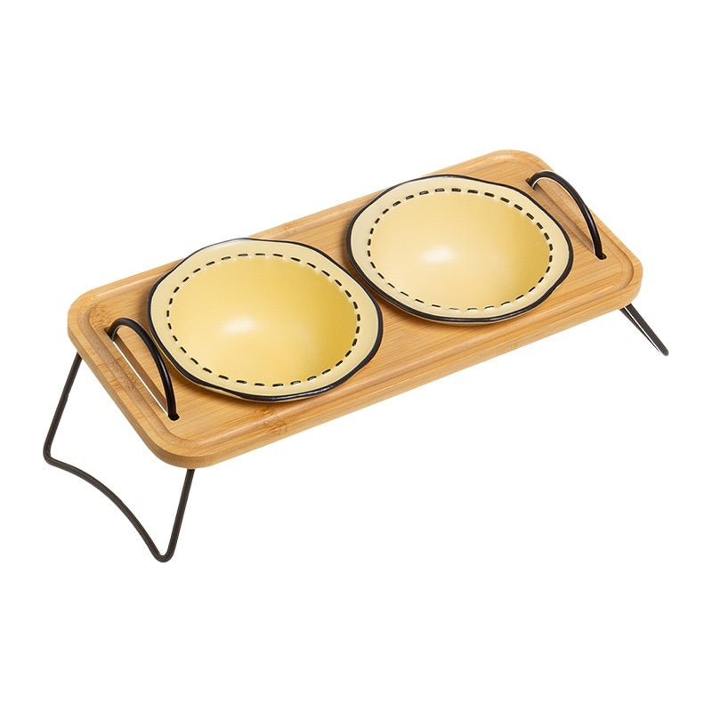 Wooden Stand Ceramic Pet Feeding Bowl Anti-Tumble Dish