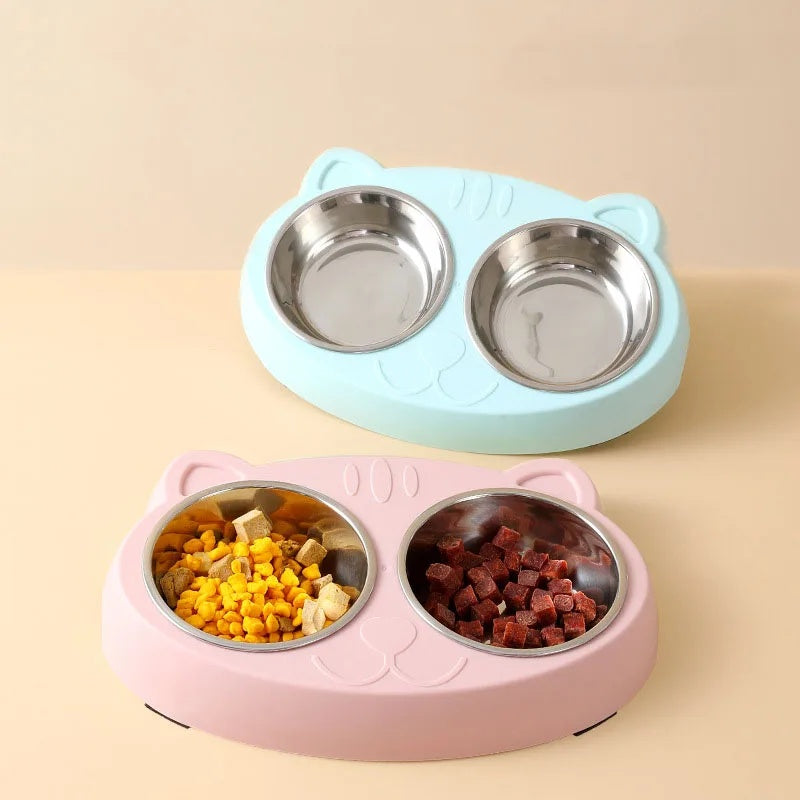 Pet Double Bowl Plastic Feeding Tray Food And Water Set
