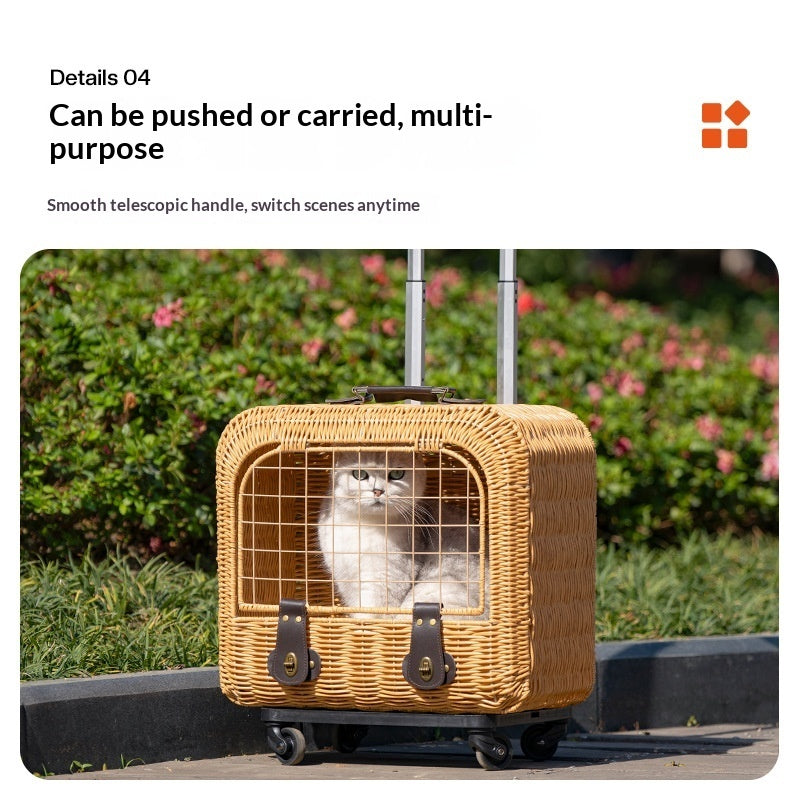 Pet Portable Woven Rattan Carrier With Ventilated Pull Handle