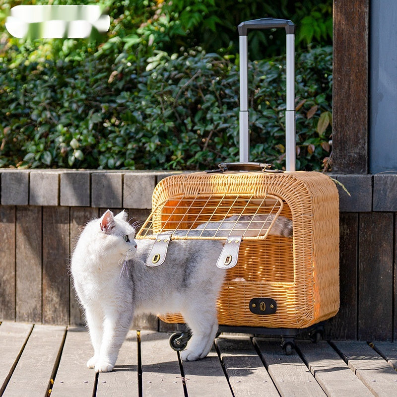 Pet Portable Woven Rattan Carrier With Ventilated Pull Handle