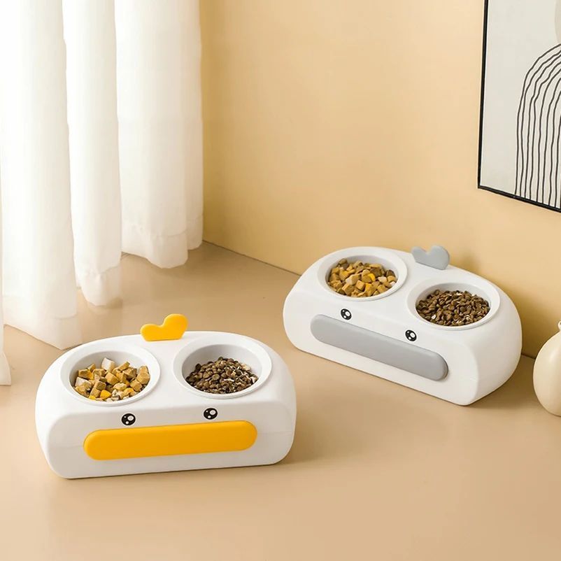 Duck Design Double Bowl Pet Feeding Tray Food Water Dish