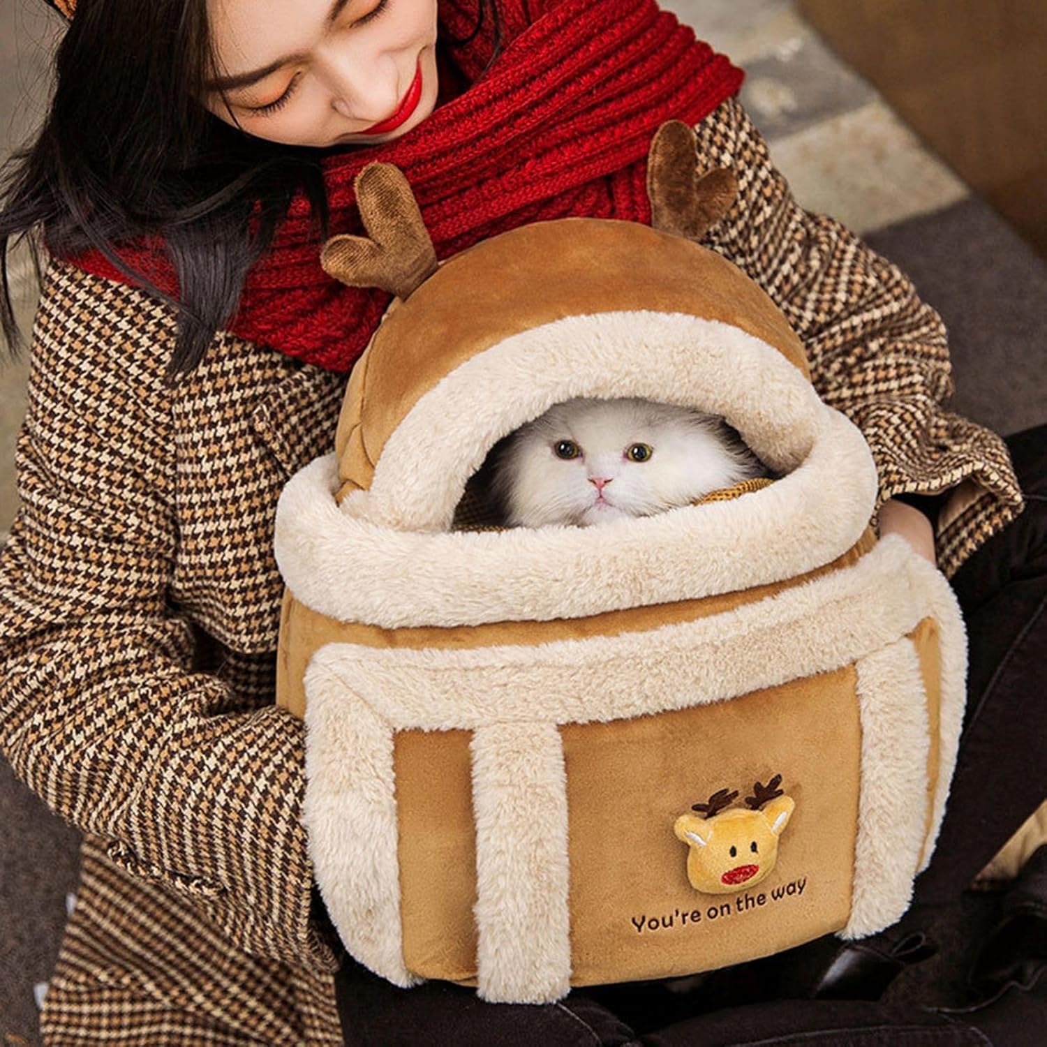 Plush Reindeer Pet Carrier Backpack With Hand Warmers