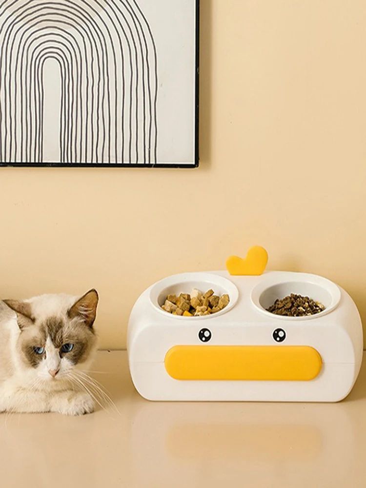 Duck Design Double Bowl Pet Feeding Tray Food Water Dish