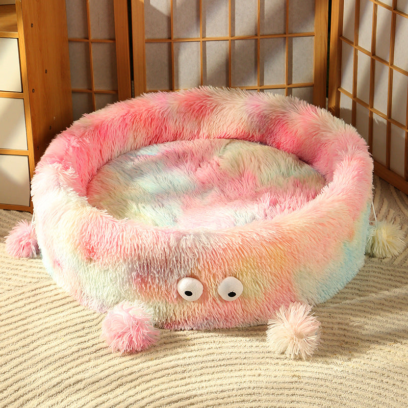 Pet Cute Monster Round Winter Warm Plush Nest Bed