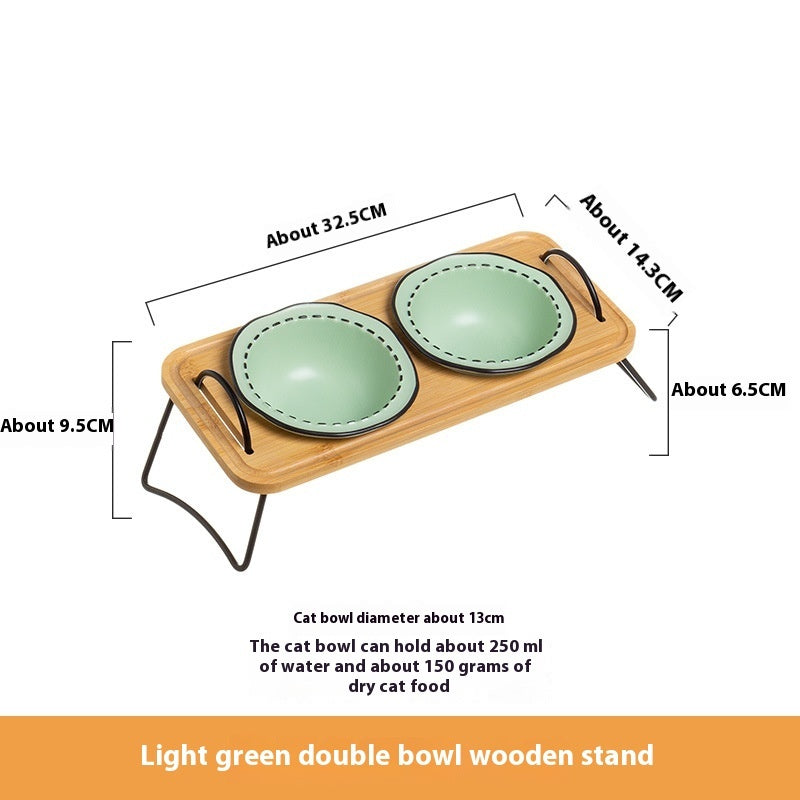 Wooden Stand Ceramic Pet Feeding Bowl Anti-Tumble Dish