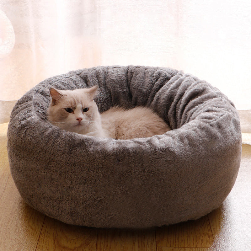 Pet Donut Plush Round Bed Comfortable Fluffy Warm Cushion