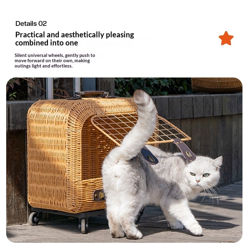 Pet Portable Woven Rattan Carrier With Ventilated Pull Handle