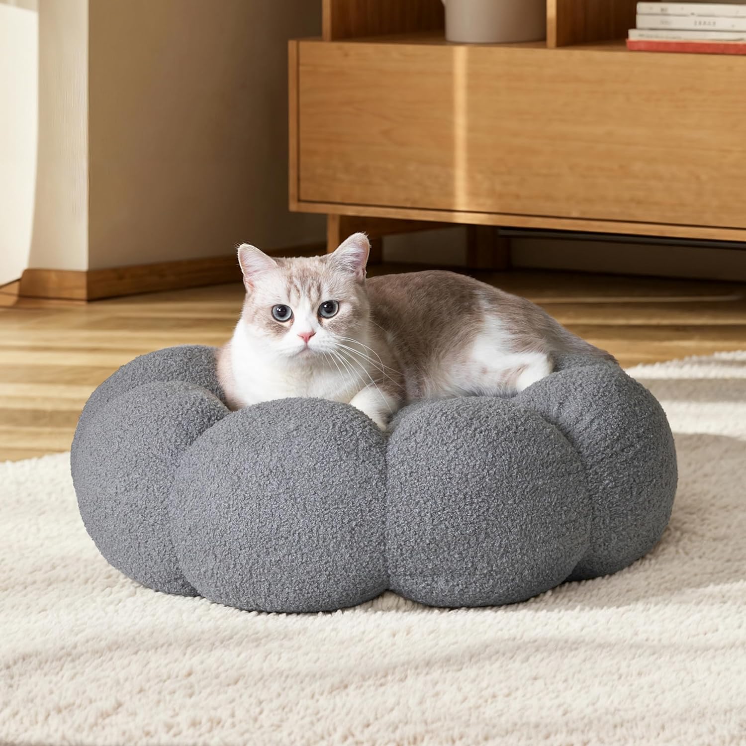 Pet Fluffy Flower Round Calming Plush Donut Bed
