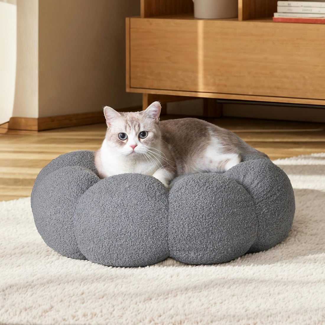 Pet Fluffy Flower Round Calming Plush Donut Bed